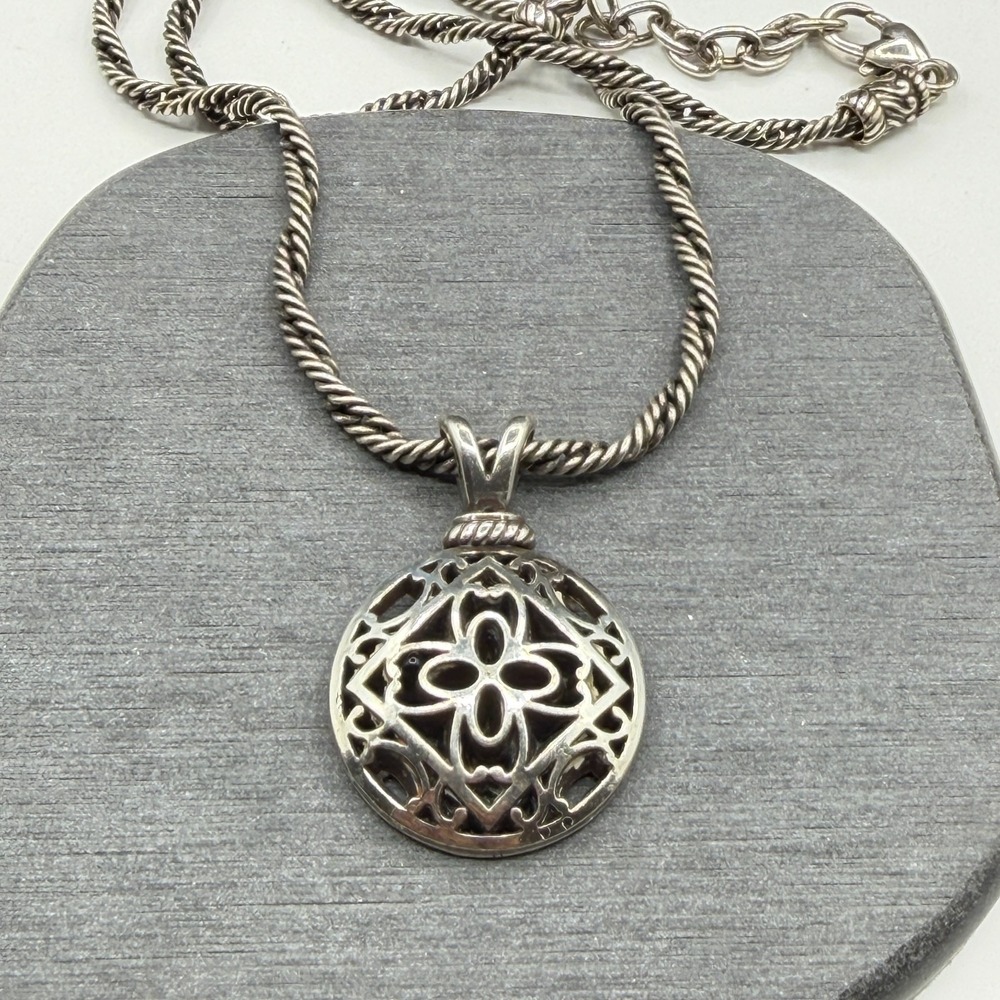 Silver Tone Openwork Floral Medallion Pendant Rope Chain Boho Statement Necklace